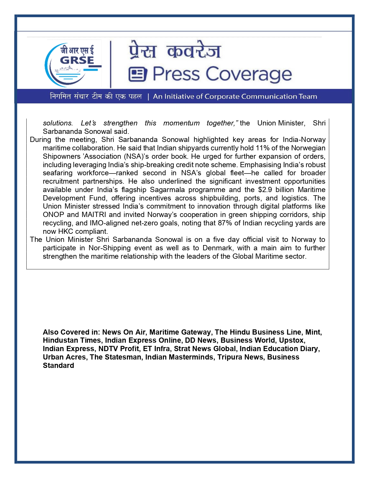 Press Coverage : CMD,GRSE conferred on CMA's Management Excellence Award 2025  